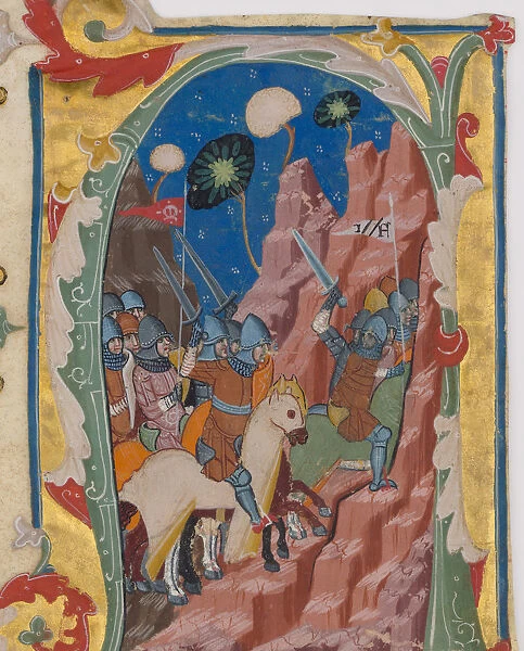 Initial A with the Battle of the Maccabees, ca. 1360-70. Creator: Unknown