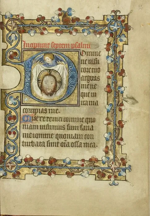 Framed Print : Initial D: An Angel Holding Up the Sudarium; Book of Hours, about 1405-1410. Creator: Masters of Dirc van Delf Framed Print : Initial D: An Angel Holding Up the Sudarium; Book of Hours, about 1405-1410. Creator: Masters of Dirc van Delf