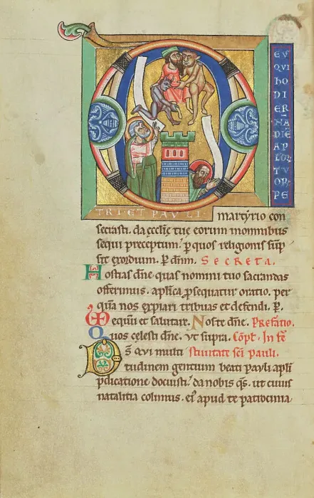 Framed Print : Initial D: The Fall of Simon Magus; Stammheim Missal, probably 1170s. Creator: Unknown Framed Print : Initial D: The Fall of Simon Magus; Stammheim Missal, probably 1170s. Creator: Unknown