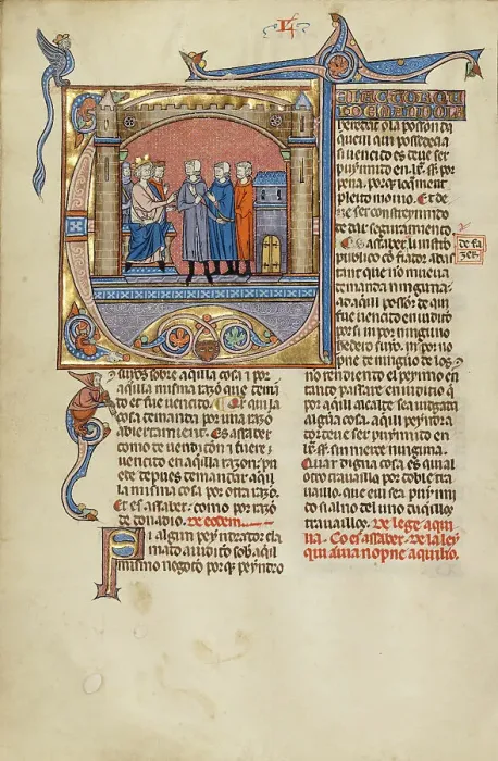 Framed Print : Initial D: Three Men before a Judge; Vidal Mayor, about 1290-1310. Creators: Unknown, Michael Lupi de Candiu Framed Print : Initial D: Three Men before a Judge; Vidal Mayor, about 1290-1310. Creators: Unknown, Michael Lupi de Candiu