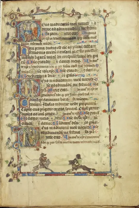 Framed Print : Initial D: The Mocking of Christ: Initial D: The Flagellation: Initial D: The Way... about 1300. Creator: Unknown
