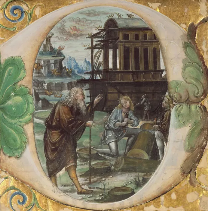 Framed Print : Initial D: Noah Directing the Construction of the Ark; Antiphonal, about 1495-1510. Creator: Master B.F Framed Print : Initial D: Noah Directing the Construction of the Ark; Antiphonal, about 1495-1510. Creator: Master B.F