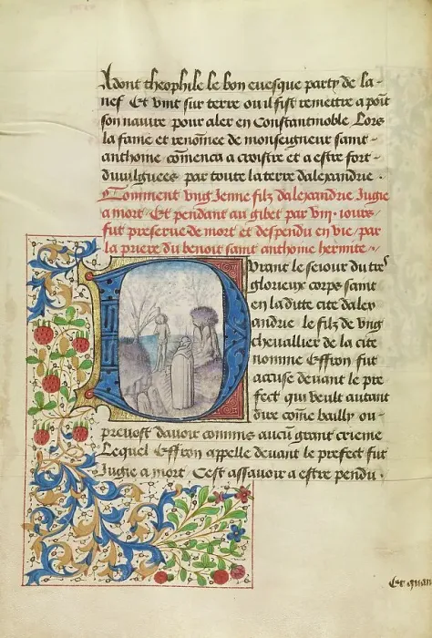 Framed Print : Initial D: Saint Anthony Raising a Dead Man, about 1465-1470. Creators: Master of the Brussels Romuleon, Workshop of the Master of the Brussels Romuleon Framed Print : Initial D: Saint Anthony Raising a Dead Man, about 1465-1470. Creators: Master of the Brussels Romuleon, Workshop of the Master of the Brussels Romuleon
