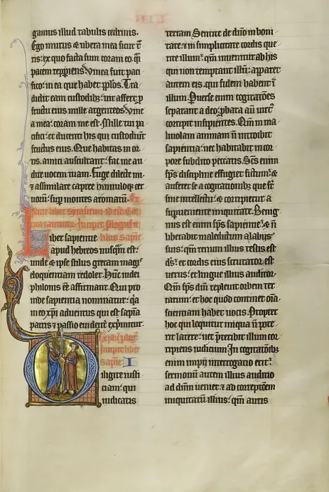 Framed Print : Initial D: Solomon Giving a Sword to a Young Man; Marquette Bible, about 1270. Creator: Unknown Framed Print : Initial D: Solomon Giving a Sword to a Young Man; Marquette Bible, about 1270. Creator: Unknown