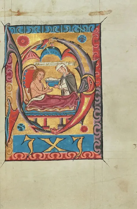 Framed Print : Initial D: A Woman Feeding a Leper in Bed; Psalter, about 1275-1300. Creator: Unknown Framed Print : Initial D: A Woman Feeding a Leper in Bed; Psalter, about 1275-1300. Creator: Unknown