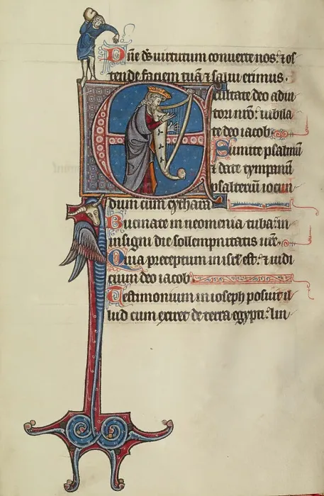 Framed Print : Initial E: David Playing the Harp and a Man Heaving a Rock, text and illumination about 1285. Creator: Bute Master Framed Print : Initial E: David Playing the Harp and a Man Heaving a Rock, text and illumination about 1285. Creator: Bute Master