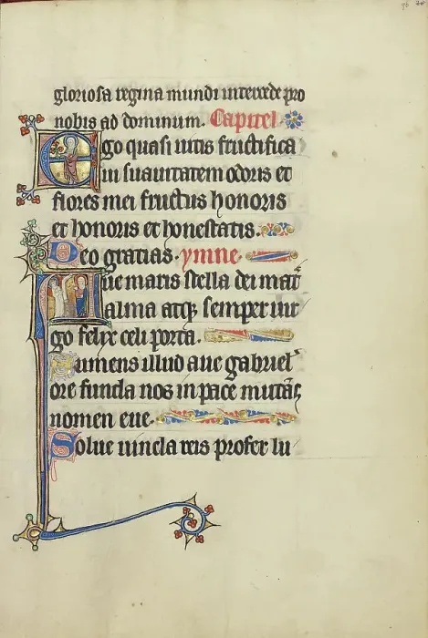 Framed Print : Initial E: A Female Saint (Mary?) with a Book and Flowers: Initial A: The Annunciation, about 1300. Creator: Unknown Framed Print : Initial E: A Female Saint (Mary?) with a Book and Flowers: Initial A: The Annunciation, about 1300. Creator: Unknown