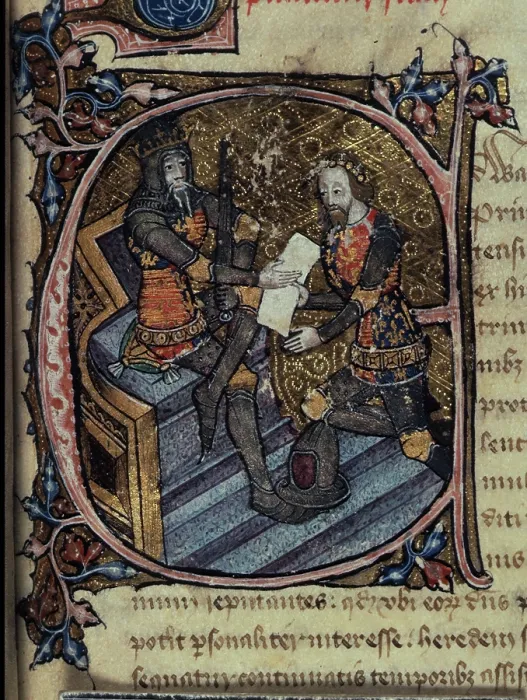 Framed Print : Initial E: King Edward III granting the Black Prince the principality of Aquitaine, c1386-c1399. Creator: Unknown Framed Print : Initial E: King Edward III granting the Black Prince the principality of Aquitaine, c1386-c1399. Creator: Unknown