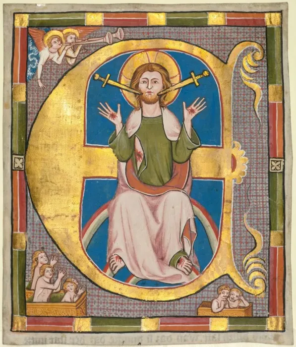 Framed Print : Initial E from a Municipal Law Book: The Last Judgment, c. 1330. Creator: Unknown Framed Print : Initial E from a Municipal Law Book: The Last Judgment, c. 1330. Creator: Unknown