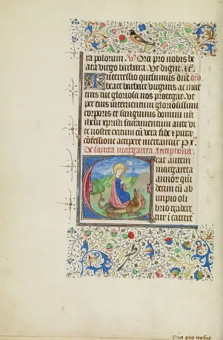 Framed Print : Initial E: Saint Margaret and a Dragon; Llangattock Hours, 1450s. Creator: Master of the Llangattock Hours Framed Print : Initial E: Saint Margaret and a Dragon; Llangattock Hours, 1450s. Creator: Master of the Llangattock Hours