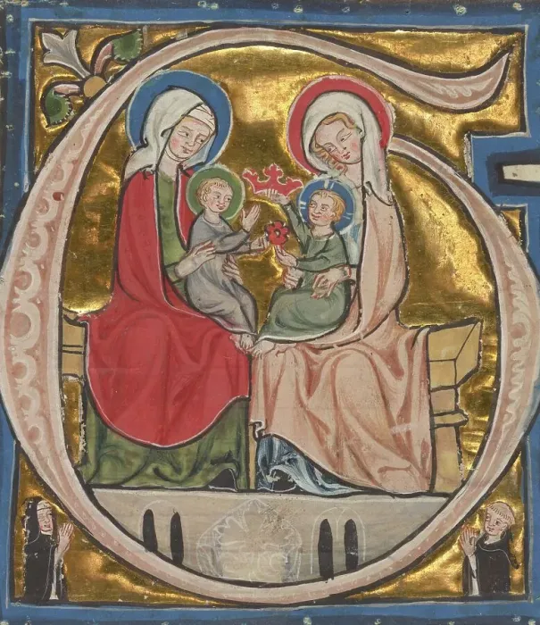 Framed Print : Initial G: The Virgin, Saint Elizabeth, and the Infants John the Baptist and Christ, about 1300. Creator: Unknown Framed Print : Initial G: The Virgin, Saint Elizabeth, and the Infants John the Baptist and Christ, about 1300. Creator: Unknown