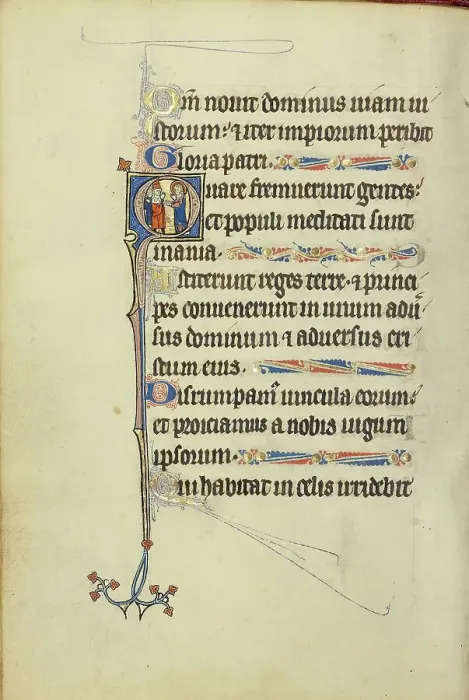 Framed Print : Initial H: A Deacon in Prayer before a Saint with a Book and Martyr's Palm; Ruskin Hours, about 1300 Creator: Unknown Framed Print : Initial H: A Deacon in Prayer before a Saint with a Book and Martyr's Palm; Ruskin Hours, about 1300 Creator: Unknown