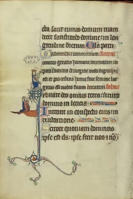 Framed Print : Initial J: David Playing the Harp and Two Persons Praying; Ruskin Hours, about 1300. Creator: Unknown Framed Print : Initial J: David Playing the Harp and Two Persons Praying; Ruskin Hours, about 1300. Creator: Unknown