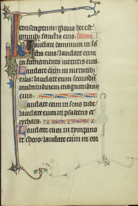 Framed Print : Initial L: Two Men Playing a Harp and a Hand Organ; Ruskin Hours, about 1300. Creator: Unknown Framed Print : Initial L: Two Men Playing a Harp and a Hand Organ; Ruskin Hours, about 1300. Creator: Unknown