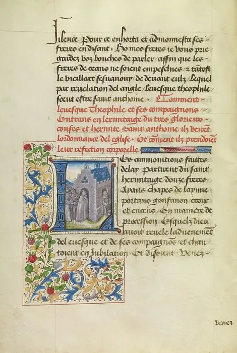 Framed Print : Initial L: Saint Anthony Appearing to Bishop Theophilus and Leading Him to His... about 1465-70. Creators: Master of the Brussels Romuleon, Workshop of the Master of the Brussels Romuleon