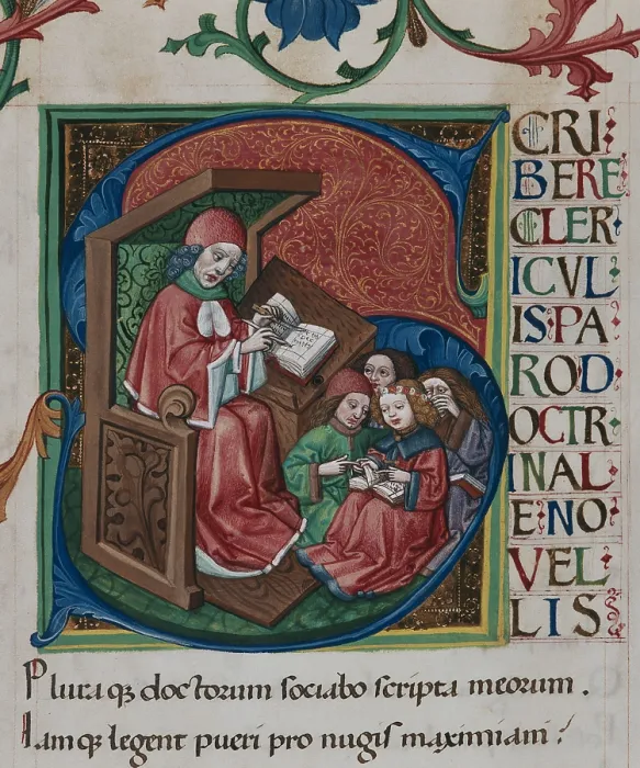 Framed Print : Initial: Learning children. From 'Doctrinale puerorum' by Alexander de Villa Dei, c1467-1469. Creator: Anonymous Framed Print : Initial: Learning children. From 'Doctrinale puerorum' by Alexander de Villa Dei, c1467-1469. Creator: Anonymous