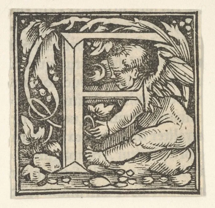 Framed Print : Initial letter F with putto, ca. 1538. Creator: Heinrich Vogtherr Framed Print : Initial letter F with putto, ca. 1538. Creator: Heinrich Vogtherr