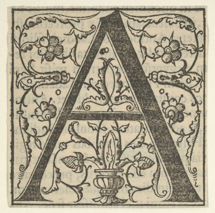 Framed Print : Initial letter A with garlands, mid-16th century. mid-16th century Framed Print : Initial letter A with garlands, mid-16th century. mid-16th century