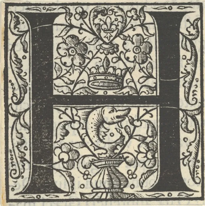 Framed Print : Initial letter H with dolphin and crown, mid-16th century. Creator: Unknown Framed Print : Initial letter H with dolphin and crown, mid-16th century. Creator: Unknown