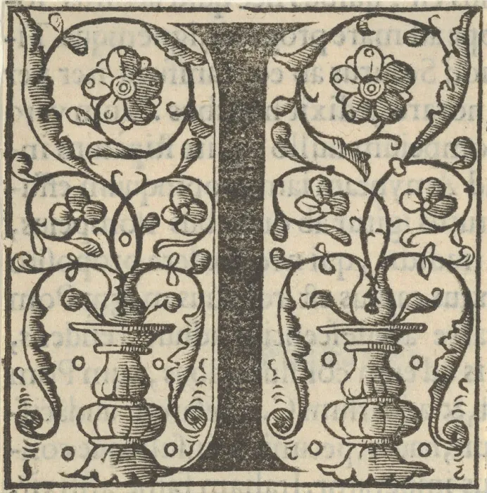 Framed Print : Initial letter I with garlands, mid-16th century. Creator: Unknown Framed Print : Initial letter I with garlands, mid-16th century. Creator: Unknown