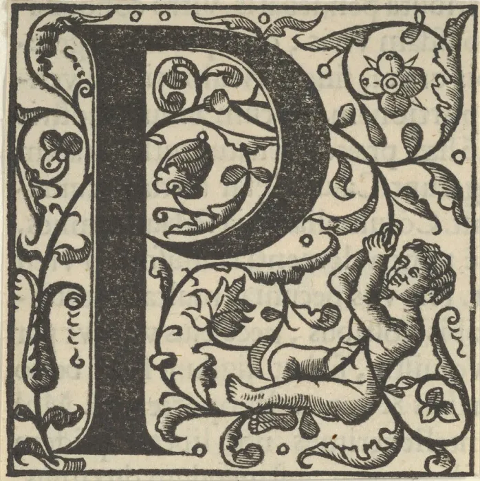 Framed Print : Initial letter P with putto, mid-16th century. Creator: Unknown Framed Print : Initial letter P with putto, mid-16th century. Creator: Unknown
