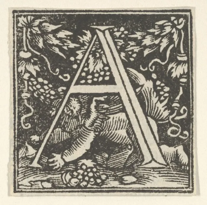 Framed Print : Initial letter A with putto, ca. 1538. Creator: Heinrich Vogtherr Framed Print : Initial letter A with putto, ca. 1538. Creator: Heinrich Vogtherr