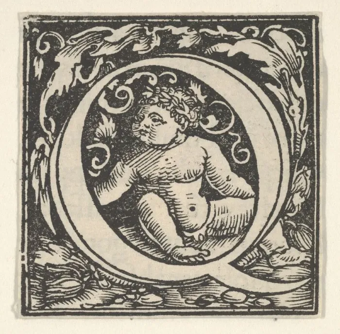 Framed Print : Initial letter Q with putto, ca. 1538. Creator: Heinrich Vogtherr Framed Print : Initial letter Q with putto, ca. 1538. Creator: Heinrich Vogtherr