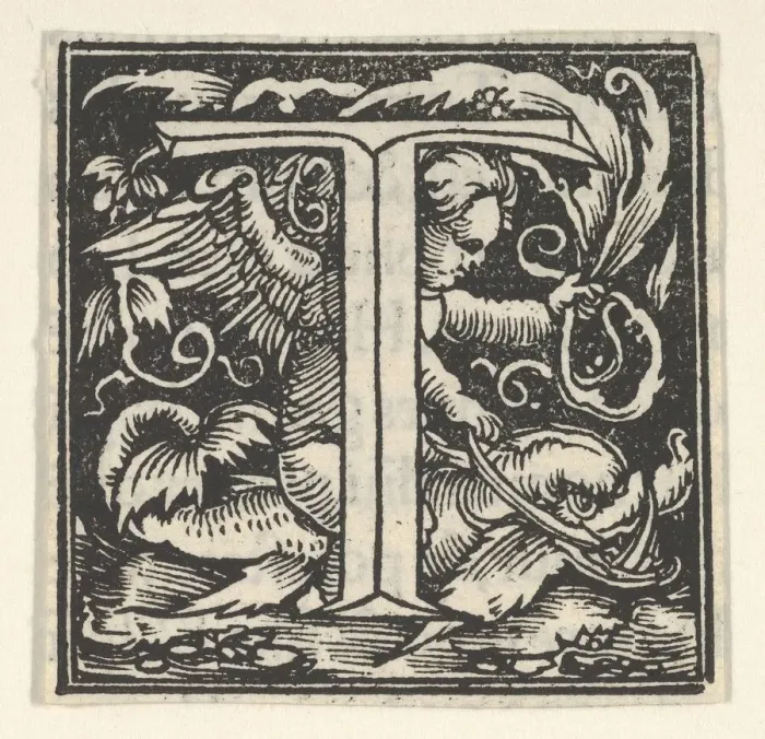 Framed Print : Initial letter T with putto, ca. 1538. Creator: Heinrich Vogtherr Framed Print : Initial letter T with putto, ca. 1538. Creator: Heinrich Vogtherr