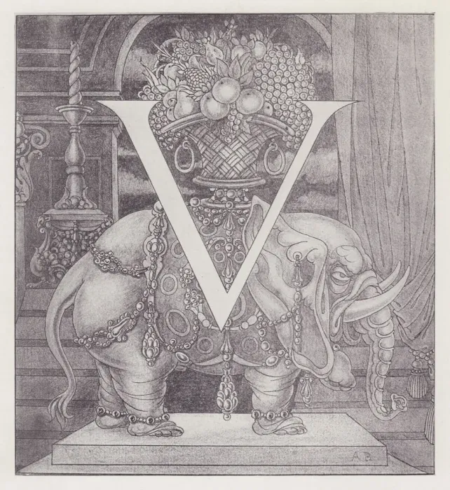 Framed Print : Initial Letter V (Elephant) to Volpone, 1898. Creator: Aubrey Beardsley Framed Print : Initial Letter V (Elephant) to Volpone, 1898. Creator: Aubrey Beardsley