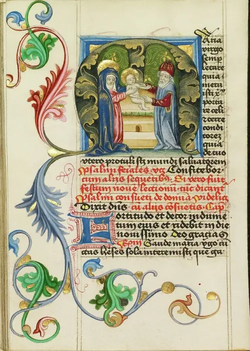 Framed Print : Initial M: The Presentation in the Temple; Prayer Book, about 1470-1480. Creator: Workshop of Valentine Noh Framed Print : Initial M: The Presentation in the Temple; Prayer Book, about 1470-1480. Creator: Workshop of Valentine Noh