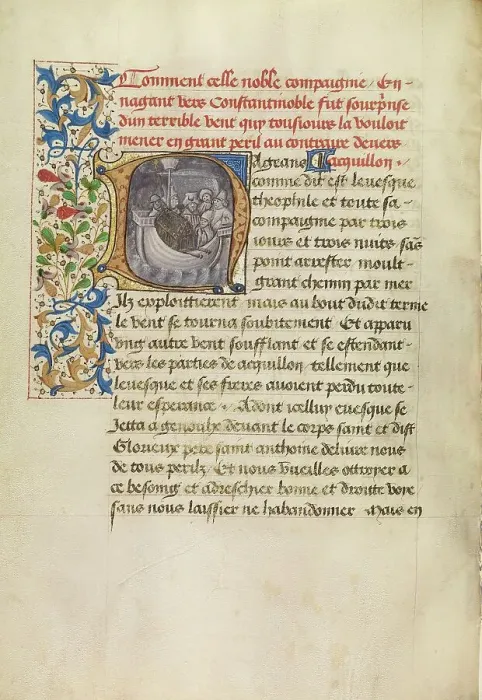 Framed Print : Initial N: Bishop Theophilus's Ship Blown Off Course and Bishop Theophilus in Prayer, about 1465-70. Creators: Master of the Brussels Romuleon, Workshop of the Master of the Brussels Romuleon Framed Print : Initial N: Bishop Theophilus's Ship Blown Off Course and Bishop Theophilus in Prayer, about 1465-70. Creators: Master of the Brussels Romuleon, Workshop of the Master of the Brussels Romuleon