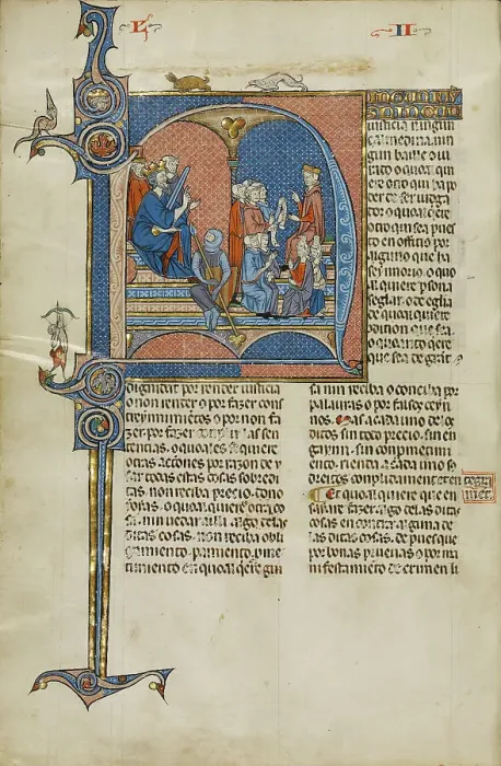 Framed Print : Initial N: King James I of Aragon Overseeing a Court of Law; Vidal Mayor, about 1290-1310. Creators: Unknown, Michael Lupi de Candiu Framed Print : Initial N: King James I of Aragon Overseeing a Court of Law; Vidal Mayor, about 1290-1310. Creators: Unknown, Michael Lupi de Candiu