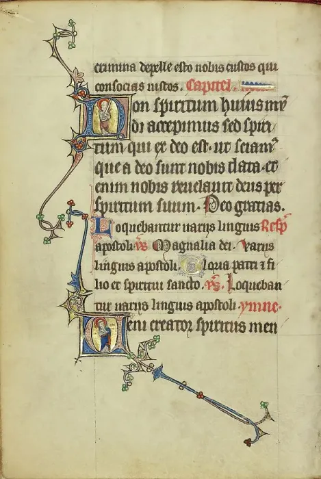 Framed Print : Initial N: Saint Paul with a Sword: Initial V: Saint Peter with a Key; Ruskin Hours, about 1300. Creator: Unknown Framed Print : Initial N: Saint Paul with a Sword: Initial V: Saint Peter with a Key; Ruskin Hours, about 1300. Creator: Unknown