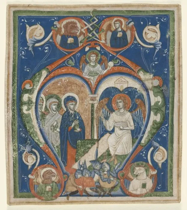 Framed Print : Initial A [ngelus Domini descendit] from an Antiphonary: The Three Marys at the Tomb, c1280-1300