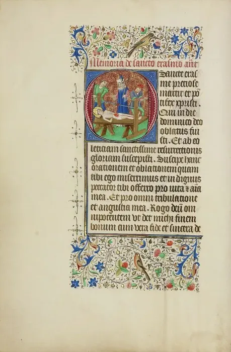 Framed Print : Initial O: The Martyrdom of Saint Erasmus; Llangattock Hours, 1450s. Creator: Master of the Llangattock Hours Framed Print : Initial O: The Martyrdom of Saint Erasmus; Llangattock Hours, 1450s. Creator: Master of the Llangattock Hours