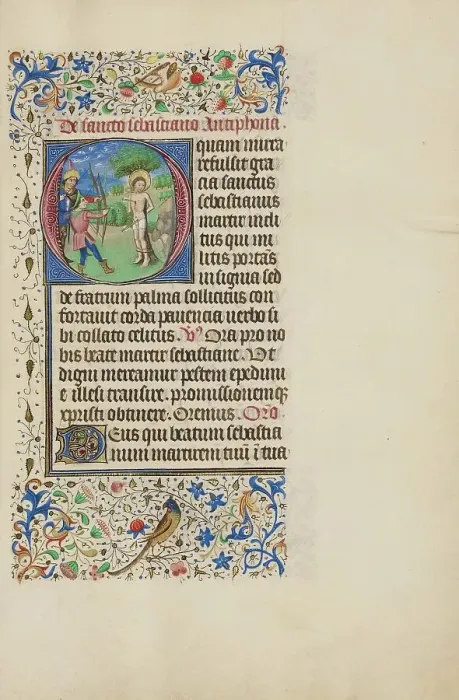 Framed Print : Initial O: The Martyrdom of Saint Sebastian; Llangattock Hours, 1450s. Creator: Master of the Llangattock Hours Framed Print : Initial O: The Martyrdom of Saint Sebastian; Llangattock Hours, 1450s. Creator: Master of the Llangattock Hours