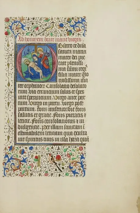 Framed Print : Initial O: The Pieta with Saint John the Evangelist; Llangattock Hours, 1450s. Creator: Master of the Llangattock Hours Framed Print : Initial O: The Pieta with Saint John the Evangelist; Llangattock Hours, 1450s. Creator: Master of the Llangattock Hours