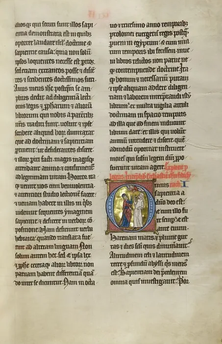 Framed Print : Initial O: A Prophet Instructing a Woman with a Mirror; Marquette Bible, about 1270. Creator: Unknown Framed Print : Initial O: A Prophet Instructing a Woman with a Mirror; Marquette Bible, about 1270. Creator: Unknown