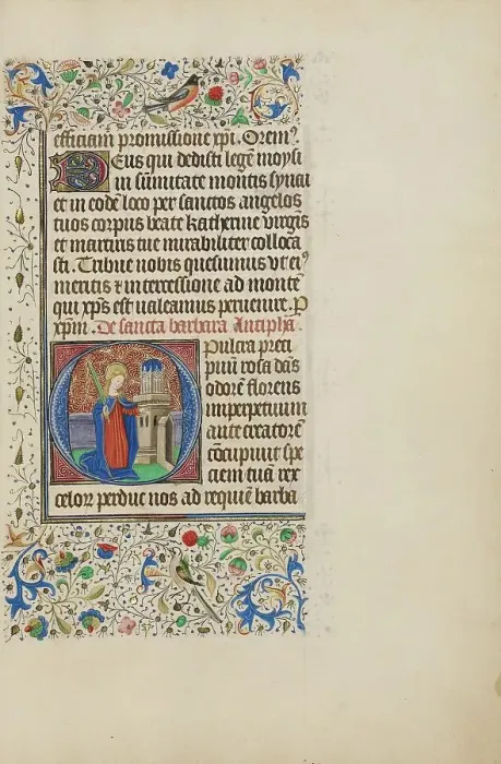 Framed Print : Initial O: Saint Barbara before a Tower; Llangattock Hours, 1450s. Creator: Master of the Llangattock Hours Framed Print : Initial O: Saint Barbara before a Tower; Llangattock Hours, 1450s. Creator: Master of the Llangattock Hours