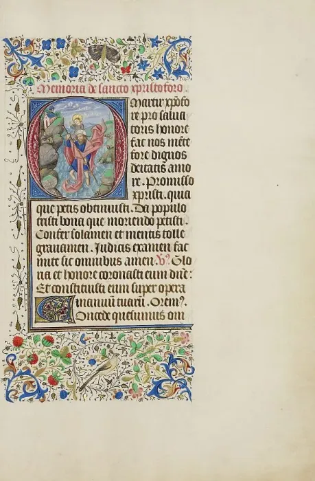 Framed Print : Initial O: Saint Christopher Carrying the Christ Child; Llangattock Hours, 1450s. Creator: Master of the Llangattock Hours Framed Print : Initial O: Saint Christopher Carrying the Christ Child; Llangattock Hours, 1450s. Creator: Master of the Llangattock Hours