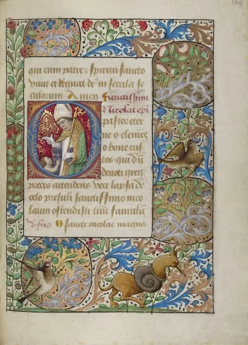 Framed Print : Initial O: Saint Nicholas Blessing a Child; Book of Hours, about 1480-1490. Creator: Georges Trubert Framed Print : Initial O: Saint Nicholas Blessing a Child; Book of Hours, about 1480-1490. Creator: Georges Trubert