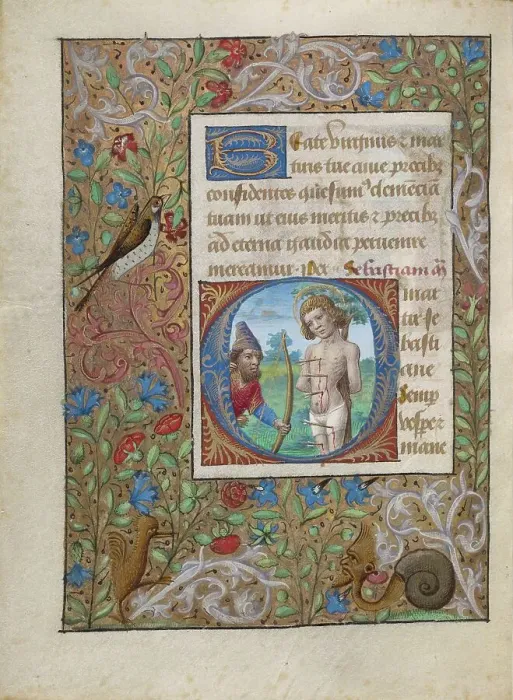 Framed Print : Initial O: Saint Sebastian; Book of Hours, about 1480-1490. Creator: Georges Trubert Framed Print : Initial O: Saint Sebastian; Book of Hours, about 1480-1490. Creator: Georges Trubert