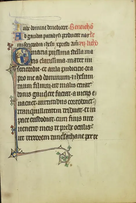 Framed Print : Initial O: A Young Man and a Devil before the Virgin and Child; Ruskin Hours, about 1300. Creator: Unknown Framed Print : Initial O: A Young Man and a Devil before the Virgin and Child; Ruskin Hours, about 1300. Creator: Unknown
