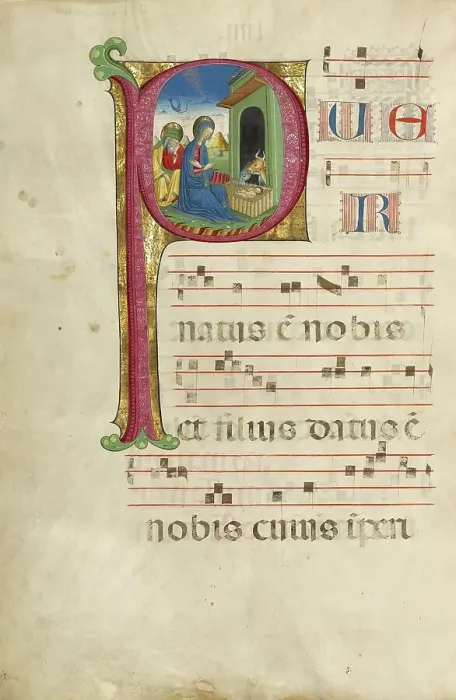 Framed Print : Initial P: The Adoration of the Christ Child and The Annunciation to the Shepherds, about 1460-1480. Creator: Unknown