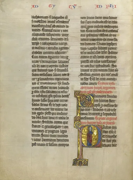 Framed Print : Initial P: Saint Paul with a Book; Concluding Volume of a Bible, about 1260-1270. Creator: Unknown Framed Print : Initial P: Saint Paul with a Book; Concluding Volume of a Bible, about 1260-1270. Creator: Unknown