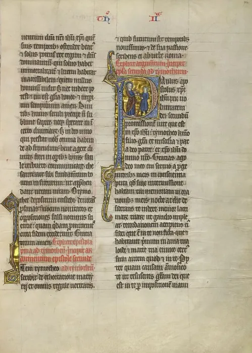 Framed Print : Initial P: Saint Paul Giving a Book to a Messenger; Concluding Volume of a Bible, about 1260-1270. Creator: Unknown Framed Print : Initial P: Saint Paul Giving a Book to a Messenger; Concluding Volume of a Bible, about 1260-1270. Creator: Unknown