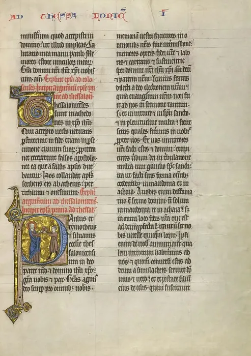 Framed Print : Initial P: Saint Paul Giving a Book to a Messenger; Concluding Volume of a Bible, about 1260-1270. Creator: Unknown Framed Print : Initial P: Saint Paul Giving a Book to a Messenger; Concluding Volume of a Bible, about 1260-1270. Creator: Unknown