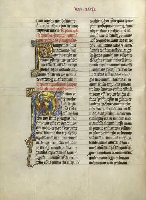 Framed Print : Initial P: Saint Paul Giving a Book to a Messenger; Concluding Volume of a Bible, about 1260-1270. Creator: Unknown Framed Print : Initial P: Saint Paul Giving a Book to a Messenger; Concluding Volume of a Bible, about 1260-1270. Creator: Unknown