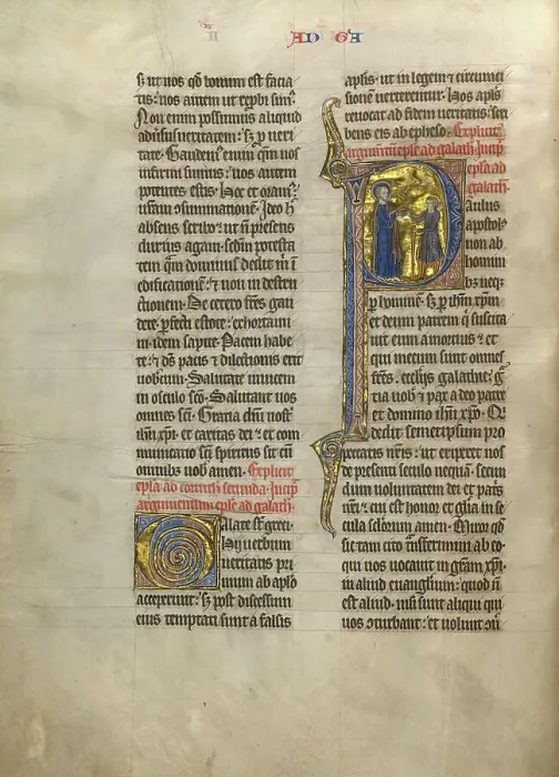 Framed Print : Initial P: Saint Paul Giving a Book to a Messenger; Concluding Volume of a Bible, about 1260-1270. Creator: Unknown Framed Print : Initial P: Saint Paul Giving a Book to a Messenger; Concluding Volume of a Bible, about 1260-1270. Creator: Unknown