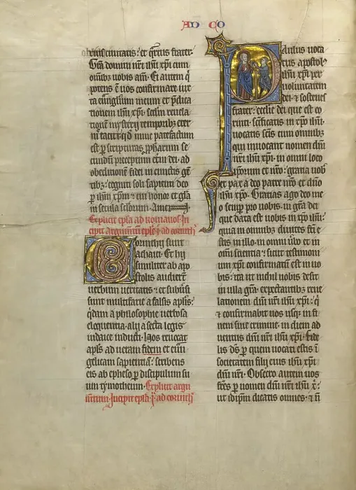 Framed Print : Initial P: Saint Paul Giving a Book to a Messenger; Concluding Volume of a Bible, about 1260-1270. Creator: Unknown